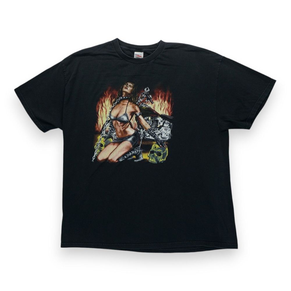 Vintage Tennessee River Biker Babe Fire Skull Large Shirt Short‎ Sleeve Black